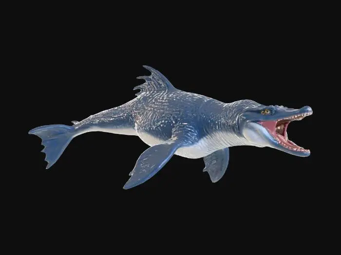 3D model for Generate a mosasaur with its mouth open showcasing its array of teeth.  This mosasaur will exist in space rather than the ocean. The creature is symmetric and will be used for modeling. Keep the fins and tail straight.