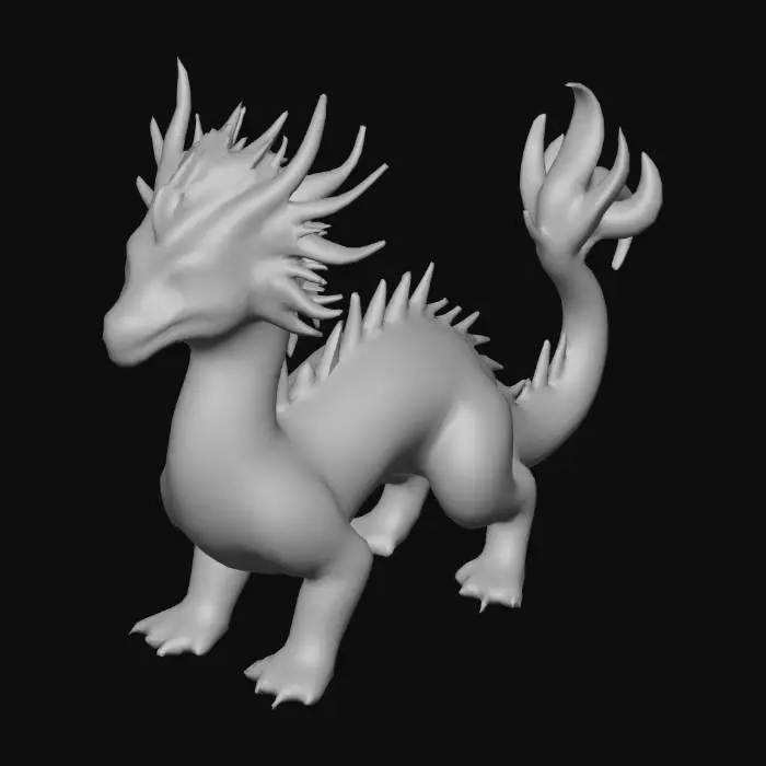 3D model for Generate a stellar galaxy deep space dragon. The dragon should be long. It has a leathery smooth body with a large white mane around its neck and head. The fur should be stylized and chunky. The mane quickly loses volume as it runs down its back ending at the tail. The tail is long and wispy, with a simple long pointed tail with stylized feathers along the back, ending with a large stylized plumage.