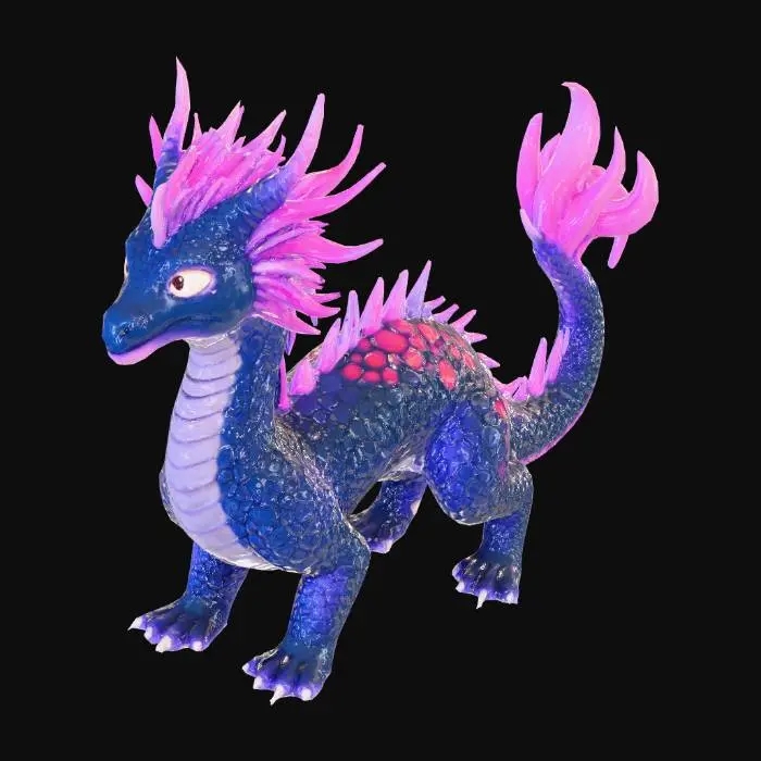 3D model for Generate a stellar galaxy deep space dragon. The dragon should be long. It has a leathery smooth body with a large white mane around its neck and head. The fur should be stylized and chunky. The mane quickly loses volume as it runs down its back ending at the tail. The tail is long and wispy, with a simple long pointed tail with stylized feathers along the back, ending with a large stylized plumage.