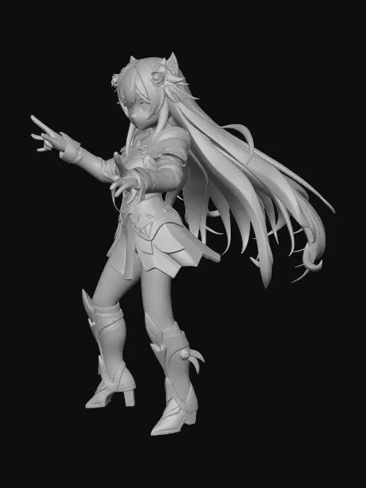 3D model for A highly detailed anime-style 3D model of a cute, adult girly girl in combat armor, in a perfect T-pose with arms fully extended horizontally, legs slightly apart, fingers spread naturally, hair flowing but not touching any body parts, no limbs or hair overlapping, all body parts fully separated, neutral expression, symmetrical pose, ready for rigging and animation. Armor is lightweight yet stylish, with pastel accents and magical motifs, sleek gauntlets and boots, small shoulder pauldrons, and a decorative chest plate. Smooth skin, big expressive anime eyes, long flowing hair in soft colors, stylized proportions with long legs and a tiny waist. Studio lighting, vibrant anime colors, sharp linework, high-resolution, full 3D model suitable for animation and rigging. Eyes and neck visible.