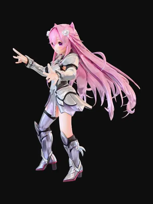 3D model for A highly detailed anime-style 3D model of a cute, adult girly girl in combat armor, in a perfect T-pose with arms fully extended horizontally, legs slightly apart, fingers spread naturally, hair flowing but not touching any body parts, no limbs or hair overlapping, all body parts fully separated, neutral expression, symmetrical pose, ready for rigging and animation. Armor is lightweight yet stylish, with pastel accents and magical motifs, sleek gauntlets and boots, small shoulder pauldrons, and a decorative chest plate. Smooth skin, big expressive anime eyes, long flowing hair in soft colors, stylized proportions with long legs and a tiny waist. Studio lighting, vibrant anime colors, sharp linework, high-resolution, full 3D model suitable for animation and rigging. Eyes and neck visible.