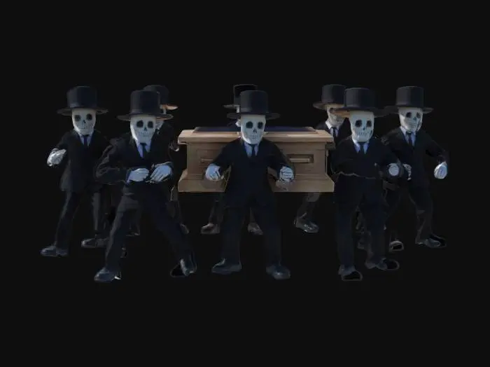 3D model for A group of mourners in elegant black suits and hats, dancing in perfect synchronicity while carrying a wooden coffin. The scenery is an open cemetery under a clear blue sky, with trees and tombstones in the background. The mood is a mix of solemnity and celebration, with a subtle comedic undertone. Use realistic lighting to emphasize the contrast between the dark outfits of the mourners and the bright, sunny surroundings