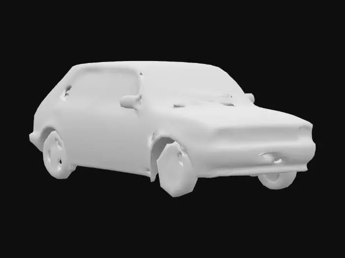 3D model for Polonez 1.5 SLE. Highly detailed 3D model of a classic 1980s hatchback car inspired by Eastern European design. The car should have a boxy, retro aesthetic with a bright red paint job, black plastic bumpers, and a slightly worn look. Include round headlights, simple alloy wheels, and detailed textures for the windows, grille, and body panels. The model should evoke a vintage urban atmosphere, with realistic surface wear, dust, and subtle reflections on the paint., Ultra Realistic