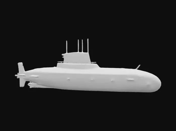 3D model for Highly detailed 3D model of an atomic submarine, featuring a sleek, modern design with a dark matte hull. Include intricate details such as the conning tower with periscopes and antennas, torpedo launch doors, and visible reactor cooling vents. The submarine should have realistic surface textures, showing subtle wear, panel lines, and rivets. Ensure a dynamic underwater environment with realistic lighting, soft shadows, and water caustics reflecting off the hull.