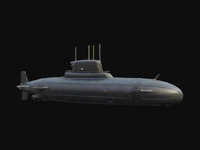 3D model for Highly detailed 3D model of an atomic submarine, featuring a sleek, modern design with a dark matte hull. Include intricate details such as the conning tower with periscopes and antennas, torpedo launch doors, and visible reactor cooling vents. The submarine should have realistic surface textures, showing subtle wear, panel lines, and rivets. Ensure a dynamic underwater environment with realistic lighting, soft shadows, and water caustics reflecting off the hull.
