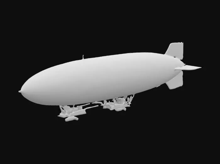 3D model for Highly detailed 3D model of a classic zeppelin airship with a long, streamlined hull covered in stitched fabric panels. Include intricate details such as the gondola beneath the hull with visible windows, propellers, and engine compartments. The model should feature metallic support frames, ropes, and small access ladders. Add subtle weathering to the fabric and metal surfaces. Set the zeppelin against a soft cloudy sky, with realistic lighting highlighting its majestic and vintage design.