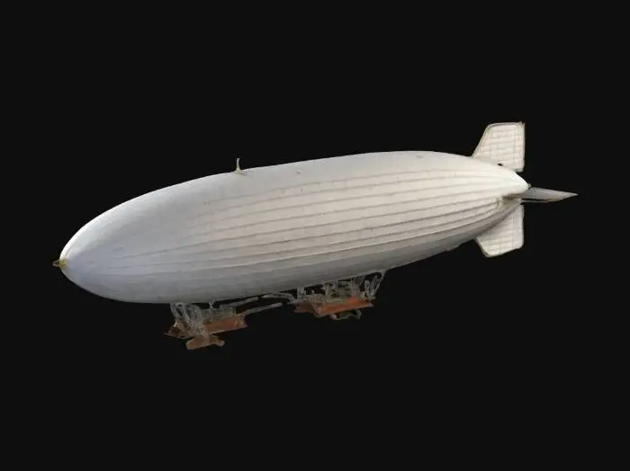 3D model for Highly detailed 3D model of a classic zeppelin airship with a long, streamlined hull covered in stitched fabric panels. Include intricate details such as the gondola beneath the hull with visible windows, propellers, and engine compartments. The model should feature metallic support frames, ropes, and small access ladders. Add subtle weathering to the fabric and metal surfaces. Set the zeppelin against a soft cloudy sky, with realistic lighting highlighting its majestic and vintage design.