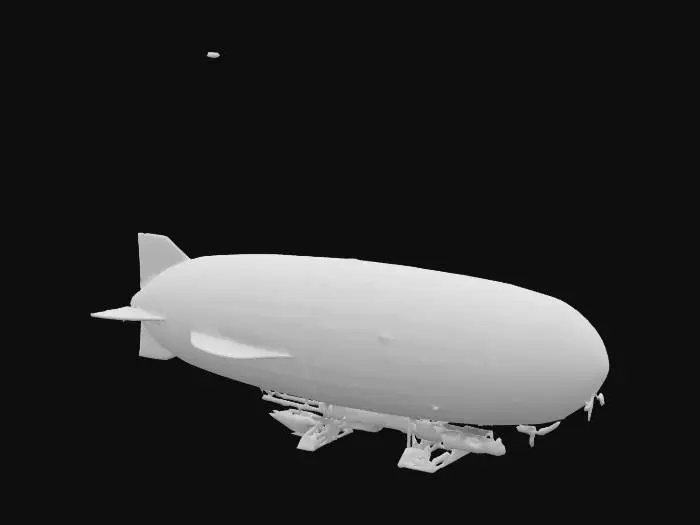 3D model for Highly detailed 3D model of a classic zeppelin airship with a long, streamlined hull covered in stitched fabric panels. Include intricate details such as the gondola beneath the hull with visible windows, propellers, and engine compartments. The model should feature metallic support frames, ropes, and small access ladders. Add subtle weathering to the fabric and metal surfaces. Set the zeppelin against a soft cloudy sky, with realistic lighting highlighting its majestic and vintage design.