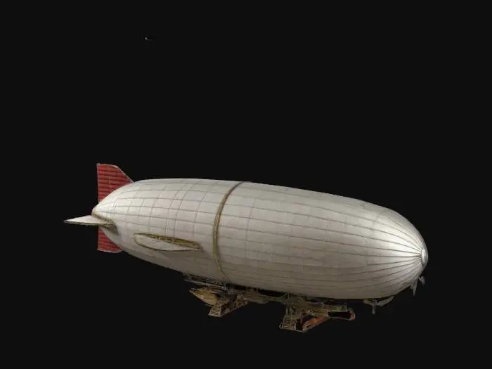 3D model for Highly detailed 3D model of a classic zeppelin airship with a long, streamlined hull covered in stitched fabric panels. Include intricate details such as the gondola beneath the hull with visible windows, propellers, and engine compartments. The model should feature metallic support frames, ropes, and small access ladders. Add subtle weathering to the fabric and metal surfaces. Set the zeppelin against a soft cloudy sky, with realistic lighting highlighting its majestic and vintage design.