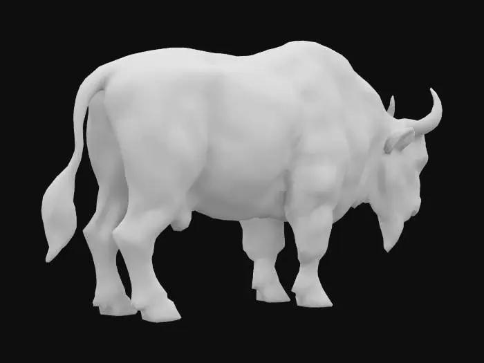 3D model for Create a highly detailed 3D model of a European bison (żubr) standing in a forest clearing. The żubr has a muscular, powerful build, with a thick brown coat and a large hump over its shoulders. Its horns are short and curved, and its expression is calm yet majestic. The forest environment is lush, with tall trees, dense undergrowth, and soft sunlight filtering through the leaves, creating a serene, natural atmosphere. Use realistic textures for the fur, horns, and forest floor.