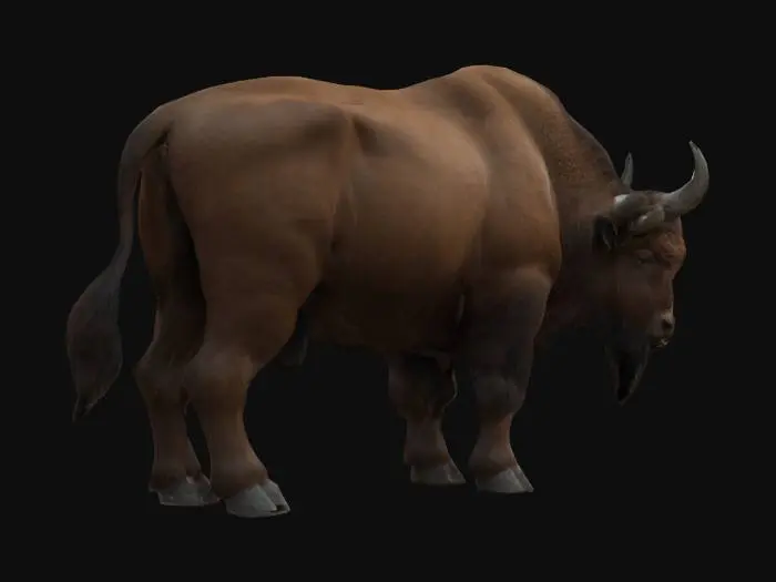 3D model for Create a highly detailed 3D model of a European bison (żubr) standing in a forest clearing. The żubr has a muscular, powerful build, with a thick brown coat and a large hump over its shoulders. Its horns are short and curved, and its expression is calm yet majestic. The forest environment is lush, with tall trees, dense undergrowth, and soft sunlight filtering through the leaves, creating a serene, natural atmosphere. Use realistic textures for the fur, horns, and forest floor.