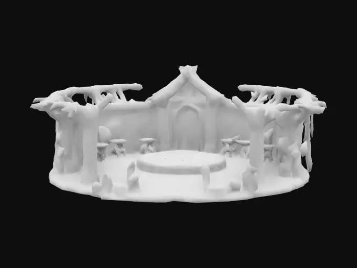 3D model for Highly detailed  ancient Slavic temple made of wood and stone. The temple has a circular structure with tall wooden pillars carved with intricate Slavic symbols and runes. A large central fire pit stands at the heart of the temple, surrounded by stone altars. The roof is thatched and adorned with carved wooden figures representing Slavic gods. Add details like hanging charms, animal skulls, and small totems. 