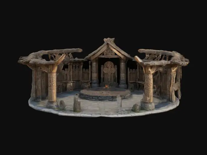 3D model for Highly detailed  ancient Slavic temple made of wood and stone. The temple has a circular structure with tall wooden pillars carved with intricate Slavic symbols and runes. A large central fire pit stands at the heart of the temple, surrounded by stone altars. The roof is thatched and adorned with carved wooden figures representing Slavic gods. Add details like hanging charms, animal skulls, and small totems. 