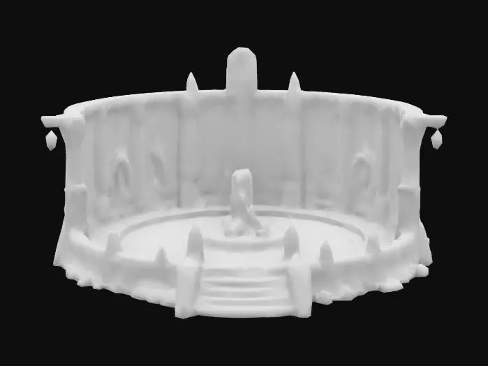 3D model for Highly detailed  ancient Slavic temple made of wood and stone. The temple has a circular structure with tall wooden pillars carved with intricate Slavic symbols and runes. A large central fire pit stands at the heart of the temple, surrounded by stone altars. The roof is thatched and adorned with carved wooden figures representing Slavic gods. Add details like hanging charms, animal skulls, and small totems. 