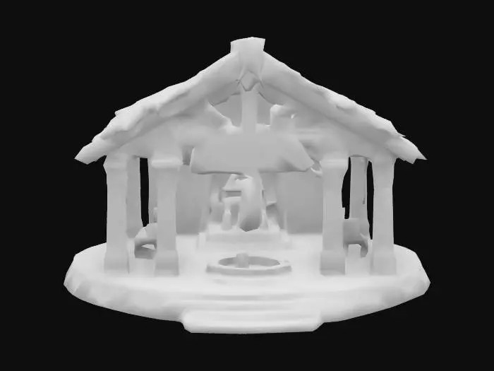 3D model for Highly detailed  ancient Slavic temple made of wood and stone. The temple has a circular structure with tall wooden pillars carved with intricate Slavic symbols and runes. A large central fire pit stands at the heart of the temple, surrounded by stone altars. The roof is thatched and adorned with carved wooden figures representing Slavic gods. Add details like hanging charms, animal skulls, and small totems. 