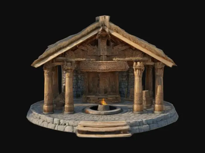 3D model for Highly detailed  ancient Slavic temple made of wood and stone. The temple has a circular structure with tall wooden pillars carved with intricate Slavic symbols and runes. A large central fire pit stands at the heart of the temple, surrounded by stone altars. The roof is thatched and adorned with carved wooden figures representing Slavic gods. Add details like hanging charms, animal skulls, and small totems. 