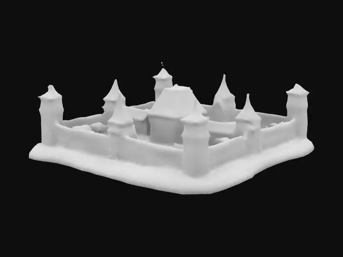 3D model for Highly detailed 3D model of a Slavic wooden fortress (gród) surrounded by a defensive palisade and a moat. The fortress features tall watchtowers, a central hall with a thatched roof, and small wooden houses within the walls. The gate is reinforced with iron details, and the paths inside are lined with cobblestones. Add details like market stalls, barrels, and fire pits, creating a vibrant, lived-in atmosphere. Use realistic textures for wood, stone, and vegetation.