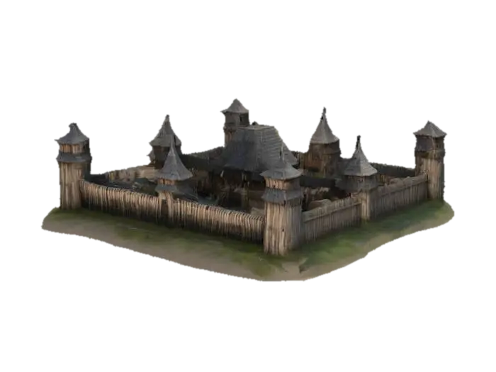 Highly detailed 3D model of a Slavic wooden fortress (gród) surrounded by a… - Palisade 3D model, vytvořený pomocí AI