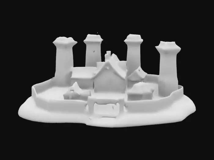 3D model for Highly detailed 3D model of a Slavic wooden fortress (gród) surrounded by a defensive palisade and a moat. The fortress features tall watchtowers, a central hall with a thatched roof, and small wooden houses within the walls. The gate is reinforced with iron details, and the paths inside are lined with cobblestones. Add details like market stalls, barrels, and fire pits, creating a vibrant, lived-in atmosphere. Use realistic textures for wood, stone, and vegetation.