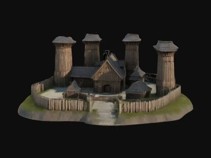 3D model for Highly detailed 3D model of a Slavic wooden fortress (gród) surrounded by a defensive palisade and a moat. The fortress features tall watchtowers, a central hall with a thatched roof, and small wooden houses within the walls. The gate is reinforced with iron details, and the paths inside are lined with cobblestones. Add details like market stalls, barrels, and fire pits, creating a vibrant, lived-in atmosphere. Use realistic textures for wood, stone, and vegetation.
