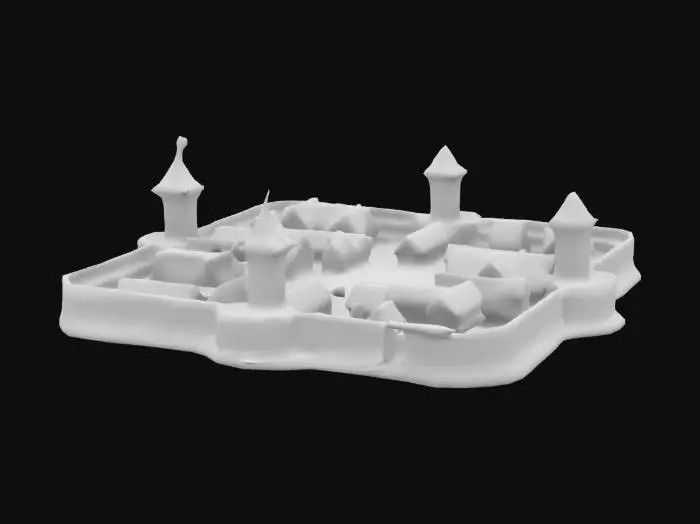 3D model for Highly detailed 3D model of a Slavic wooden fortress (gród) surrounded by a defensive palisade and a moat. The fortress features tall watchtowers, a central hall with a thatched roof, and small wooden houses within the walls. The gate is reinforced with iron details, and the paths inside are lined with cobblestones. Add details like market stalls, barrels, and fire pits, creating a vibrant, lived-in atmosphere. Use realistic textures for wood, stone, and vegetation.