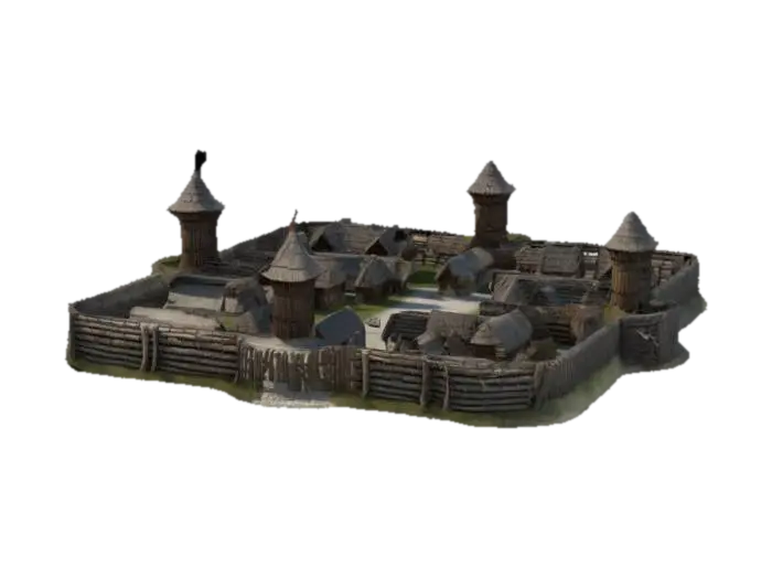 Highly detailed 3D model of a Slavic wooden fortress (gród) surrounded by a… - Palisade 3D model, vytvořený pomocí AI