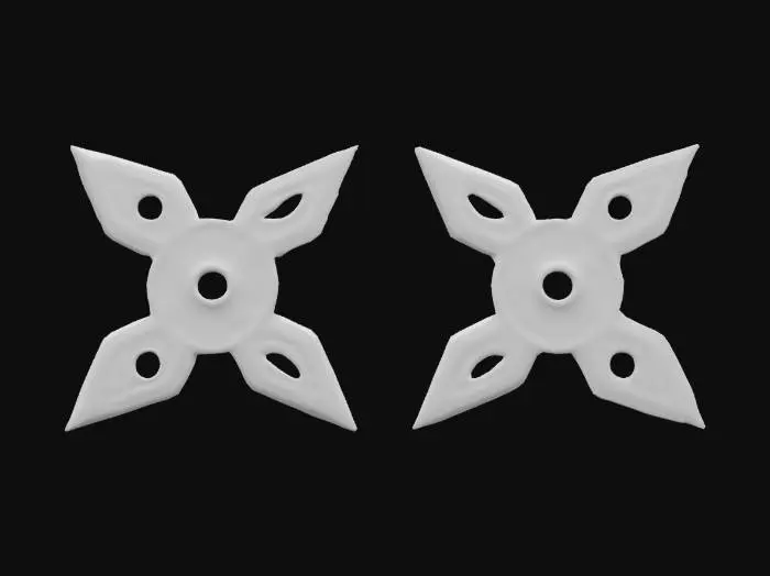 3D model for Futuristic self-guiding shurikens for the #ChronoForgeWeapon event. These shurikens should have sleek, aerodynamic designs with glowing edges, rotating blades powered by an advanced energy core, and integrated AI for pinpoint targeting. Incorporate intricate engravings that fuse traditional ninja artistry with futuristic sci-fi technology, emphasizing agility, precision, and deadly elegance.