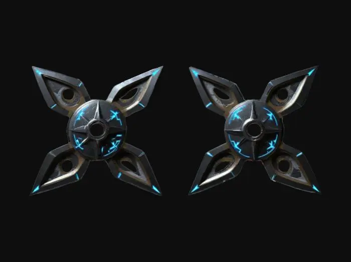 3D model for Futuristic self-guiding shurikens for the #ChronoForgeWeapon event. These shurikens should have sleek, aerodynamic designs with glowing edges, rotating blades powered by an advanced energy core, and integrated AI for pinpoint targeting. Incorporate intricate engravings that fuse traditional ninja artistry with futuristic sci-fi technology, emphasizing agility, precision, and deadly elegance.