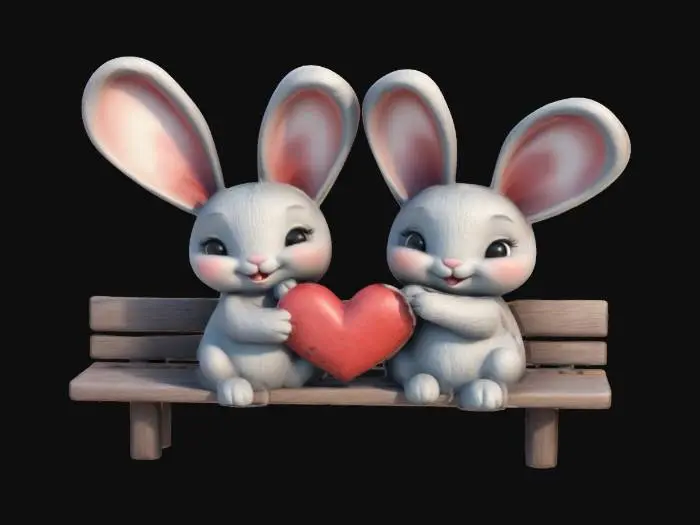 3D model for Dwa króliczki siedzące na prostej ławce, jeden wręcza serce drugiemu, styl kreskówkowy. #valentine
