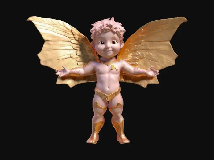 3D model for Create a 3D model of Eros (Cupid) holding a golden love arrow, hesitating before shooting. His mischievous smile suggests the unpredictable nature of love. The arrow glows with a soft golden hue, while his wings shimmer with a delicate pink tint.
#valentine