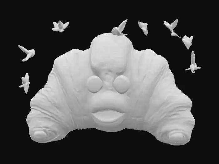 3D model for [France] A giant golden croissant with eyes and mouth clings mysteriously to a tall tree, mistaken for an unknown creature. Light glints off its flaky surface as birds cautiously circle it, unsure if it’s food or a forest spirit. #AroundTheWorld#
