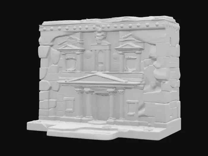 3D model for [Jordania] 3D model of Petra in Jordan made entirely of chocolate. Show the Treasury façade with dark chocolate walls, milk chocolate decorations, and white chocolate highlights. Add slight melting details. Smooth, glossy textures with artisanal imperfections. Warm, soft lighting. Focus on the monument, simple background. , #AroundTheWorld#, 
