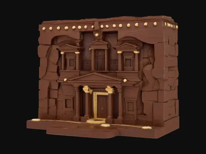 3D model for [Jordania] 3D model of Petra in Jordan made entirely of chocolate. Show the Treasury façade with dark chocolate walls, milk chocolate decorations, and white chocolate highlights. Add slight melting details. Smooth, glossy textures with artisanal imperfections. Warm, soft lighting. Focus on the monument, simple background. , #AroundTheWorld#, 
