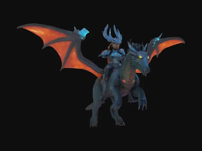 3D model for A lone cosmic Valkyrie warrior riding a bio-mechanical dragon across a nebula-lit galaxy. Her armor blends Mongolian design with sci-fi aesthetics, glowing with runes. Behind her, distant planets and a comet streak through space. Cinematic lighting, ultra-detailed textures. [Mongolia], #AroundTheWorld#