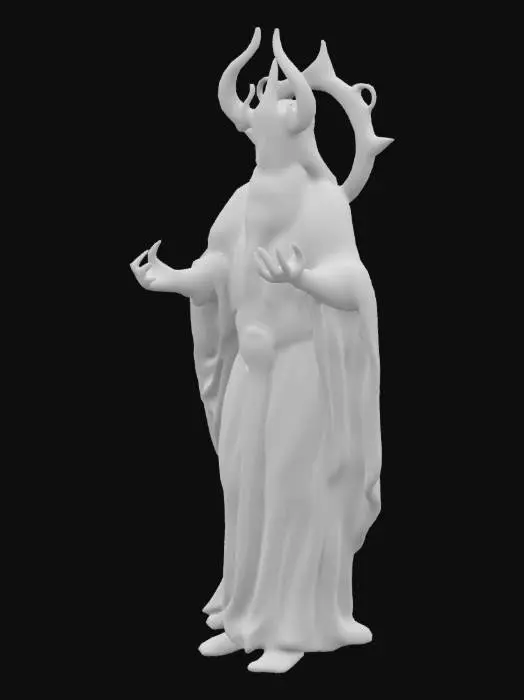 3D model for Chors, the Slavic god of the moon, depicted as a radiant figure with a serene, otherworldly glow. He wears a silver robe shimmering like moonlight, with crescent-shaped ornaments adorning his attire. The background features a mystical night sky, with the moon casting its light over a quiet lake surrounded by dark woods.