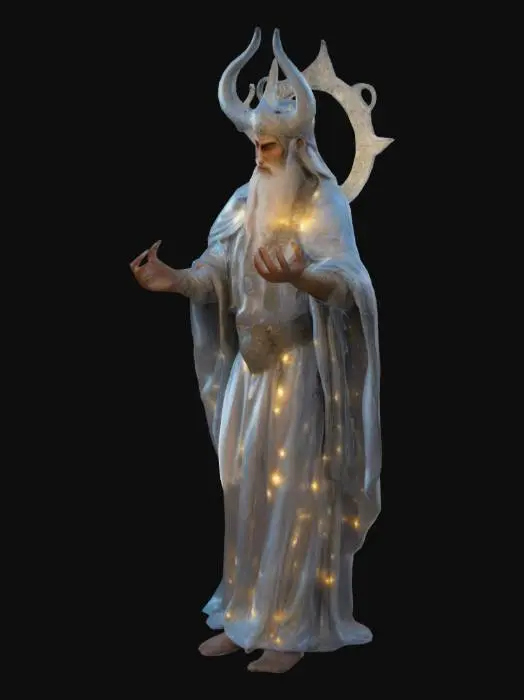 3D model for Chors, the Slavic god of the moon, depicted as a radiant figure with a serene, otherworldly glow. He wears a silver robe shimmering like moonlight, with crescent-shaped ornaments adorning his attire. The background features a mystical night sky, with the moon casting its light over a quiet lake surrounded by dark woods.