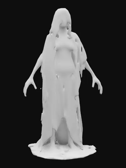 3D model for Strzyga, a mythical Slavic creature, depicted as a haunting, emaciated figure with pale, translucent skin and long, tangled black hair. Her eyes glow faintly with a ghostly blue hue, and her clawed hands are outstretched as if to grasp. Styled with a dark, eerie atmosphere, her tattered robes flutter in an unseen wind. Set in a foggy, moonlit graveyard with broken headstones and twisted trees.