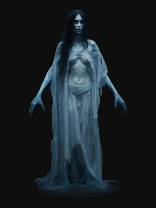3D model for Strzyga, a mythical Slavic creature, depicted as a haunting, emaciated figure with pale, translucent skin and long, tangled black hair. Her eyes glow faintly with a ghostly blue hue, and her clawed hands are outstretched as if to grasp. Styled with a dark, eerie atmosphere, her tattered robes flutter in an unseen wind. Set in a foggy, moonlit graveyard with broken headstones and twisted trees.