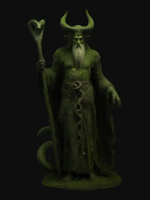 3D model for Veles, the Slavic god of the underworld, depicted as a shape-shifting figure with serpentine features. His human form is cloaked in dark, moss-covered robes, and his staff is entwined with snake-like carvings. The setting is a misty swamp with gnarled trees, glowing fungi, and an eerie green light emanating from the water.