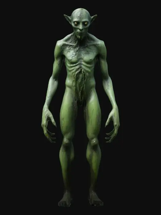 3D model for Utopiec, a Slavic water demon, depicted as a gaunt, humanoid figure with slimy, greenish skin and webbed hands. His hollow eyes glow faintly, and his body is covered in algae and mud. Styled with a dark and eerie aesthetic, he emerges from a murky swamp, surrounded by reeds and swirling mist, with ripples in the water hinting at his movement.