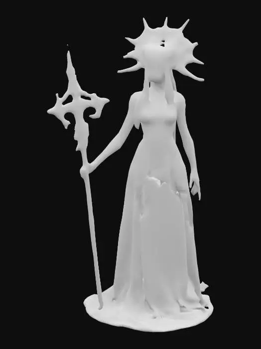 3D model for Południca, the Slavic spirit of the fields, depicted as an eerie yet elegant woman with pale skin and long, flowing blonde hair. She wears a white, weathered gown and a crown of wheat and flowers. Her face is painted with haunting, skeletal patterns, and she holds a sharp, ornate sickle. The setting is a vast golden wheat field under a cloudy sky, blending ethereal beauty with a sense of foreboding.