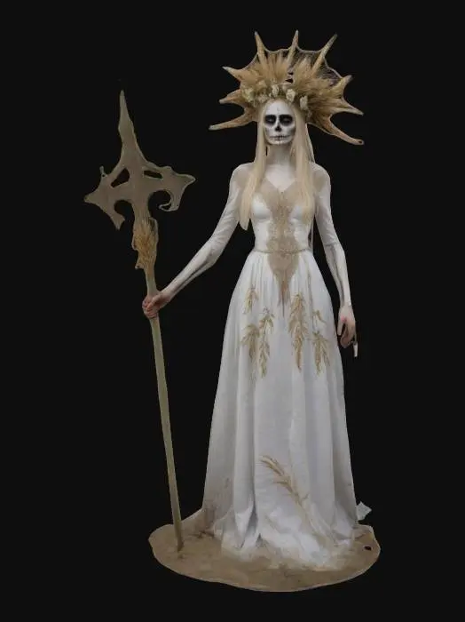 3D model for Południca, the Slavic spirit of the fields, depicted as an eerie yet elegant woman with pale skin and long, flowing blonde hair. She wears a white, weathered gown and a crown of wheat and flowers. Her face is painted with haunting, skeletal patterns, and she holds a sharp, ornate sickle. The setting is a vast golden wheat field under a cloudy sky, blending ethereal beauty with a sense of foreboding.