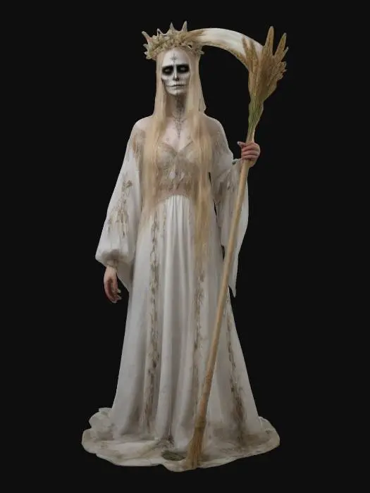 3D model for Południca, the Slavic spirit of the fields, depicted as an eerie yet elegant woman with pale skin and long, flowing blonde hair. She wears a white, weathered gown and a crown of wheat and flowers. Her face is painted with haunting, skeletal patterns, and she holds a sharp, ornate sickle. The setting is a vast golden wheat field under a cloudy sky, blending ethereal beauty with a sense of foreboding.