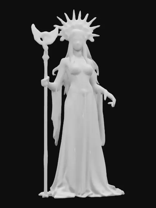 3D model for Południca, the Slavic spirit of the fields, depicted as an eerie yet elegant woman with pale skin and long, flowing blonde hair. She wears a white, weathered gown and a crown of wheat and flowers. Her face is painted with haunting, skeletal patterns, and she holds a sharp, ornate sickle. The setting is a vast golden wheat field under a cloudy sky, blending ethereal beauty with a sense of foreboding.