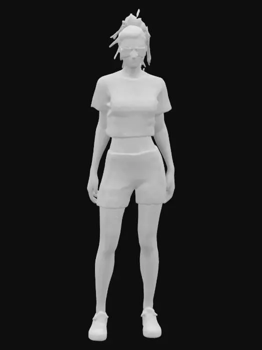 3D model for Stylish young woman standing in A pose. She has a casual urban look, wearing a white cropped T-shirt and high-waisted denim shorts. Her outfit is paired with white sneakers and round sunglasses. Her blonde hair is tied up in a messy bun. The figure should convey a modern, relaxed vibe, with detailed fabric textures and realistic lighting. Include an urban alley environment with soft shadows and warm tones. , Ultra Realistic, Highly Detailed