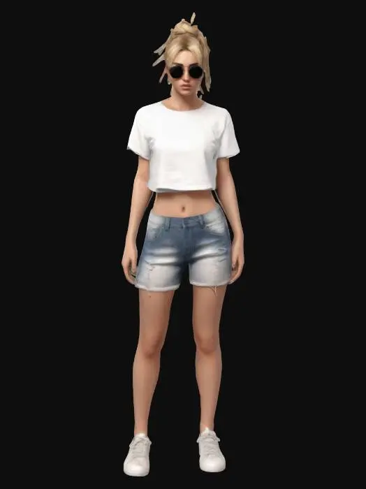 3D model for Stylish young woman standing in A pose. She has a casual urban look, wearing a white cropped T-shirt and high-waisted denim shorts. Her outfit is paired with white sneakers and round sunglasses. Her blonde hair is tied up in a messy bun. The figure should convey a modern, relaxed vibe, with detailed fabric textures and realistic lighting. Include an urban alley environment with soft shadows and warm tones. , Ultra Realistic, Highly Detailed