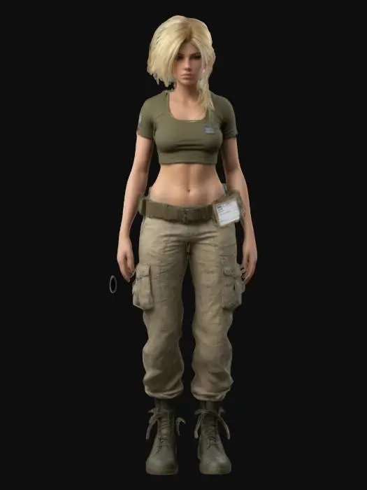 3D model for female soldier. She is wearing a loose khaki short top, camouflage cargo pants, and rugged combat boots. A pair of metal name tags hangs around her neck. Her blonde hair is slightly tousled, adding to the rugged military aesthetic. The fabric of her clothes should have detailed textures, showing wear and creases.  Focus on a realistic physique and a confident, determined expression.