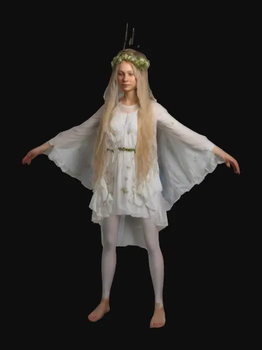 3D model for Slavic virgin in T-pose, inspired by the traditional Kupala Night festival. She has long, flowing hair topped with a wreath of field flowers. She is dressed in a simple, airy white gown with delicate folds of fabric. Her design should evoke a mystical atmosphere, as if emerging from a moonlit lake, symbolizing purity and connection with nature. Provide realistic textures and soft lighting to reflect a serene twilight scene