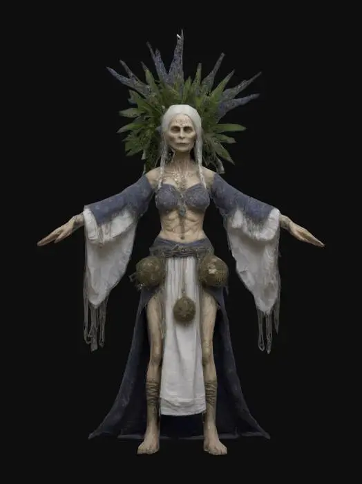 3D model for A stylized Slavic whispering witch (szeptucha) with a highly detailed full body. She has long, wild silver hair adorned with small charms, bones, and glowing herbal talismans. Her pale, wrinkled skin is covered in faint mystical runic patterns. She wears a tattered, layered robe made of rough fabrics, herbs and dried plants hanging from her belt. Her piercing glowing eyes and sly, knowing expression exude ancient wisdom and mystery. Stylized in a mystical aesthetic. Standing in a T-pose.