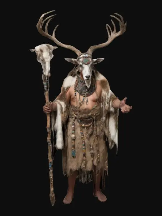 3D model for The Guślarz, an ancient shaman dressed in ritualistic dusty robes decorated with beads and talismans. He wears a small headdress made of a trophy deer antler, symbolizing his connection to nature. In one hand he holds a twisted wooden staff topped with a goat skull and smaller antlers. His coat is covered with layers of animal skins. The figure should have a mystical, slightly dark and wise expression on his face, standing in a dark forest with a faint mystical light.